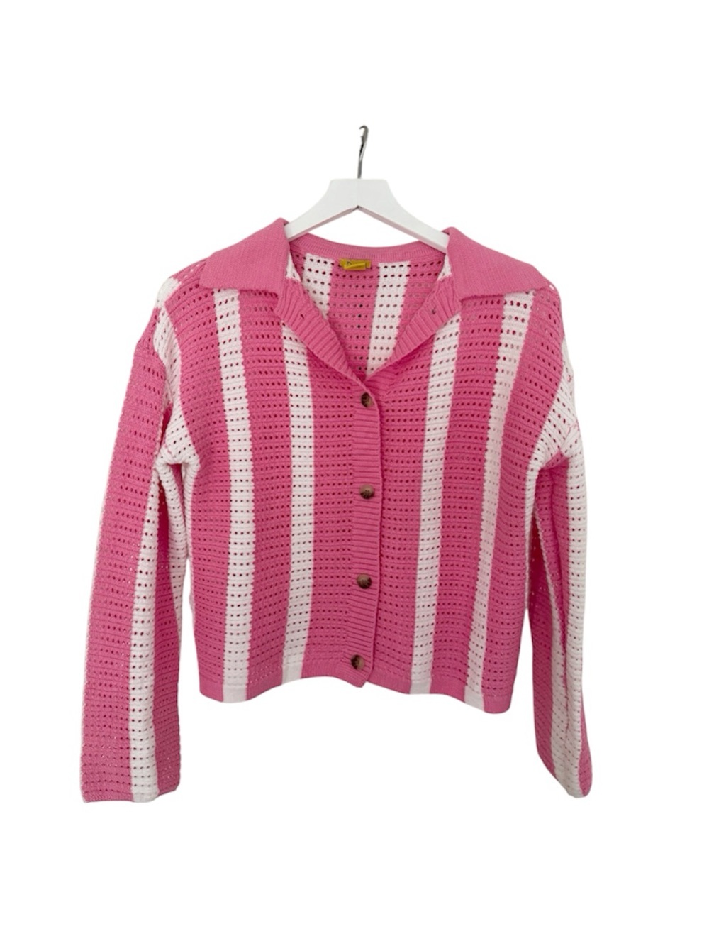 Daisy Crochet Knit Collared Striped Button Down Sweater Cardigan Size Large